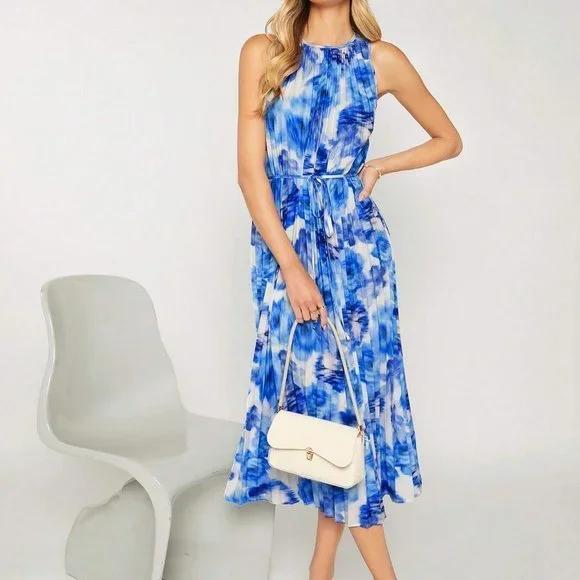 Blue Boho Womens Allover Print Pleated Belted Dress - Picture 1 of 5